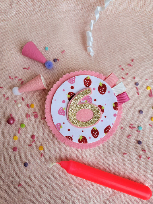 'Strawberry' Birthday Badge, reusable with 4 interchangeable numbers