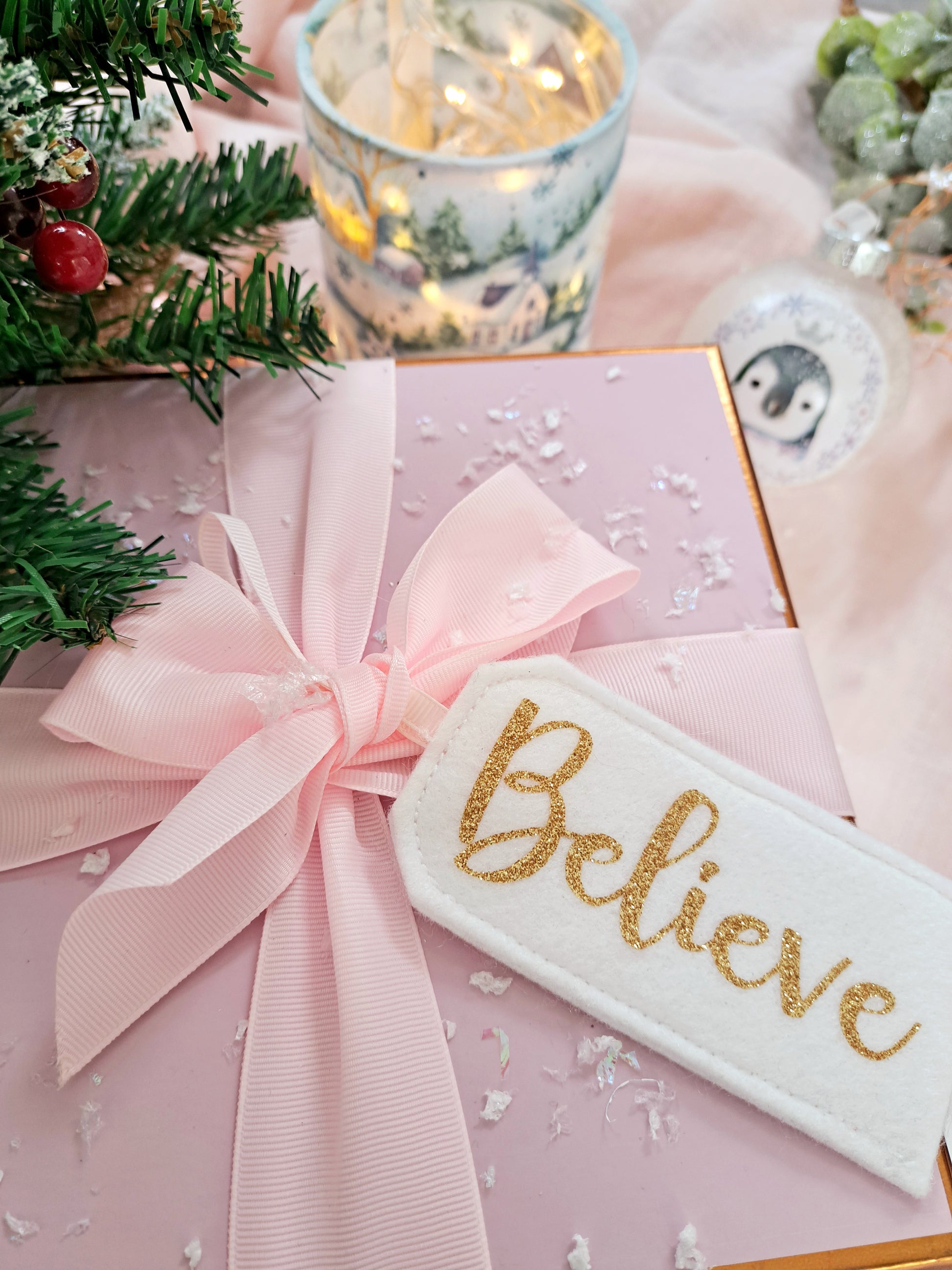 Handmade 'Believe' gift tag for Christmas presents and holiday decor.