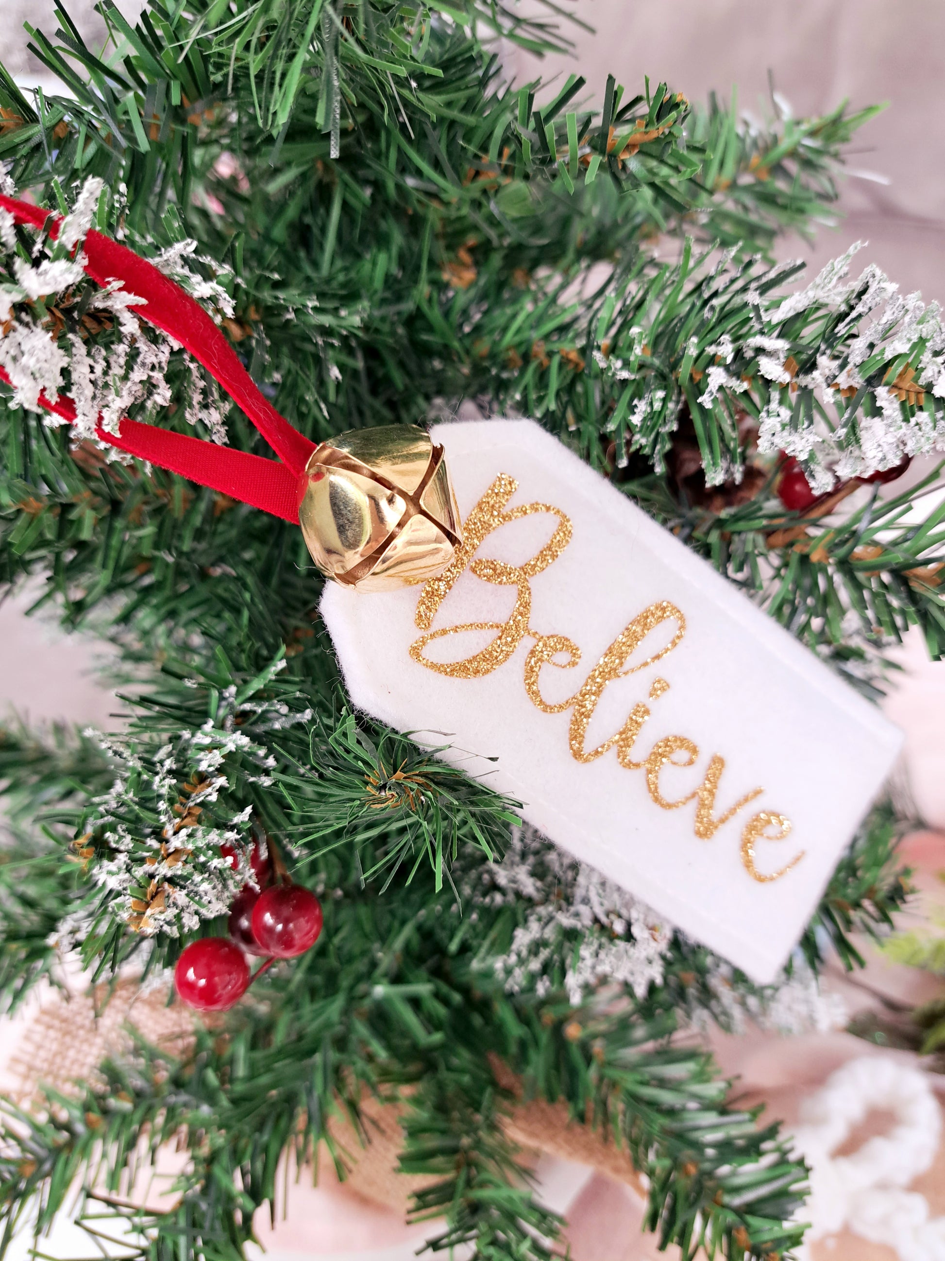 Handmade 'Believe' gift tag for Christmas presents and holiday decor.