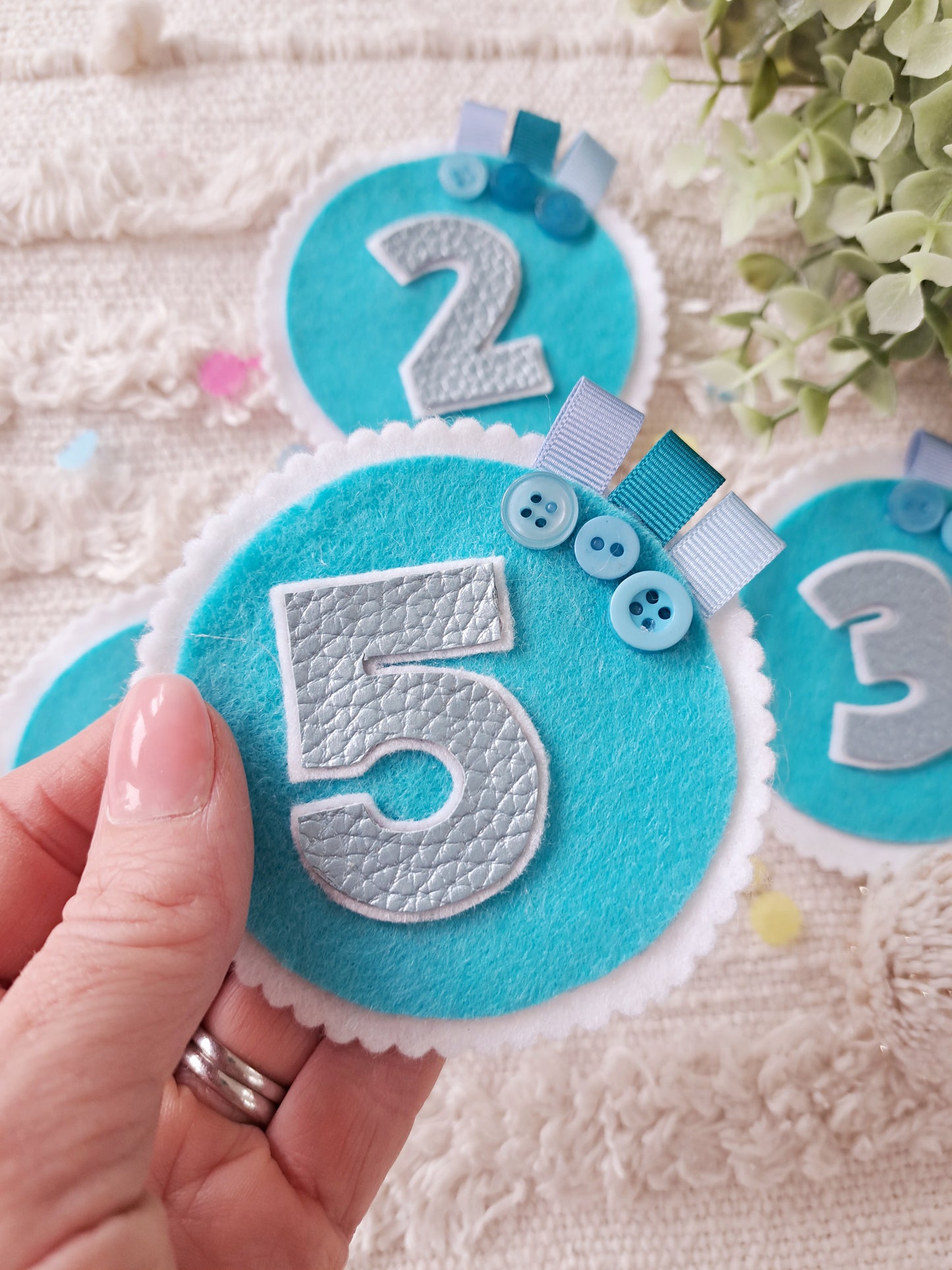 Blue felt birthday badge